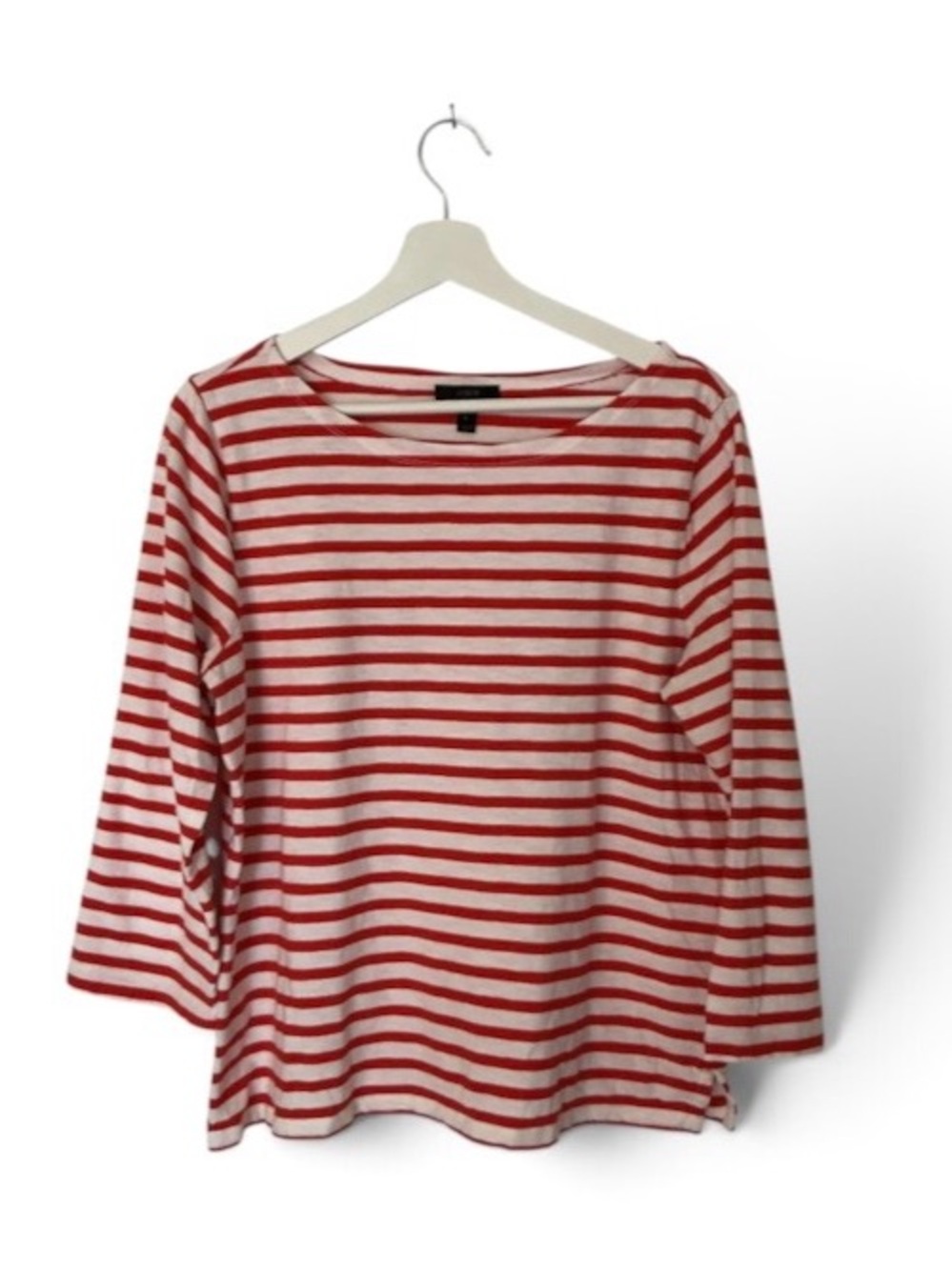 J. Crew Women’s Red ( Orange base) and White Striped 3/4-Sleeve Boatneck Tee